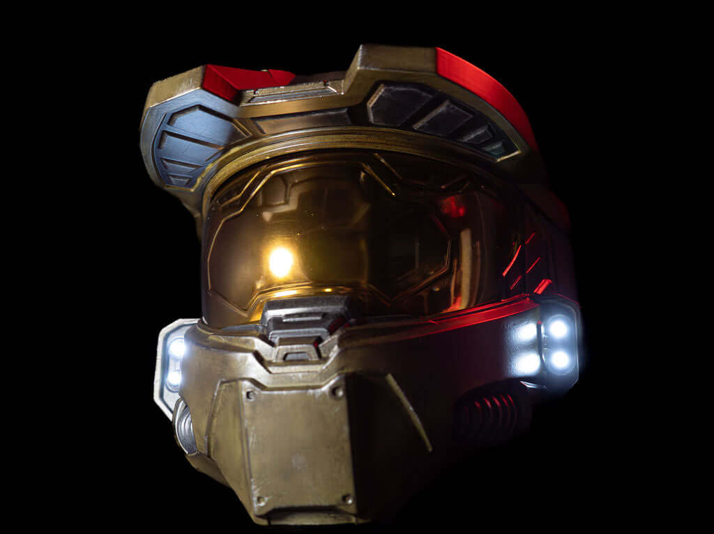 Halo Master Chief Helmet angled side view detailed Mjolnir armour helmet, high quality Halo cosplay piece