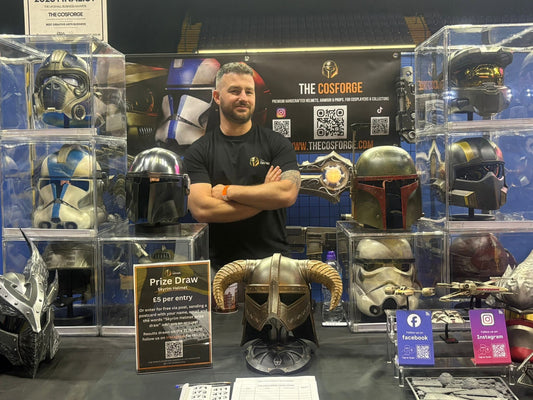 The Cosforge exhibition stand at EM-CON Nottingham featuring custom cosplay armour, helmets and prop replicas