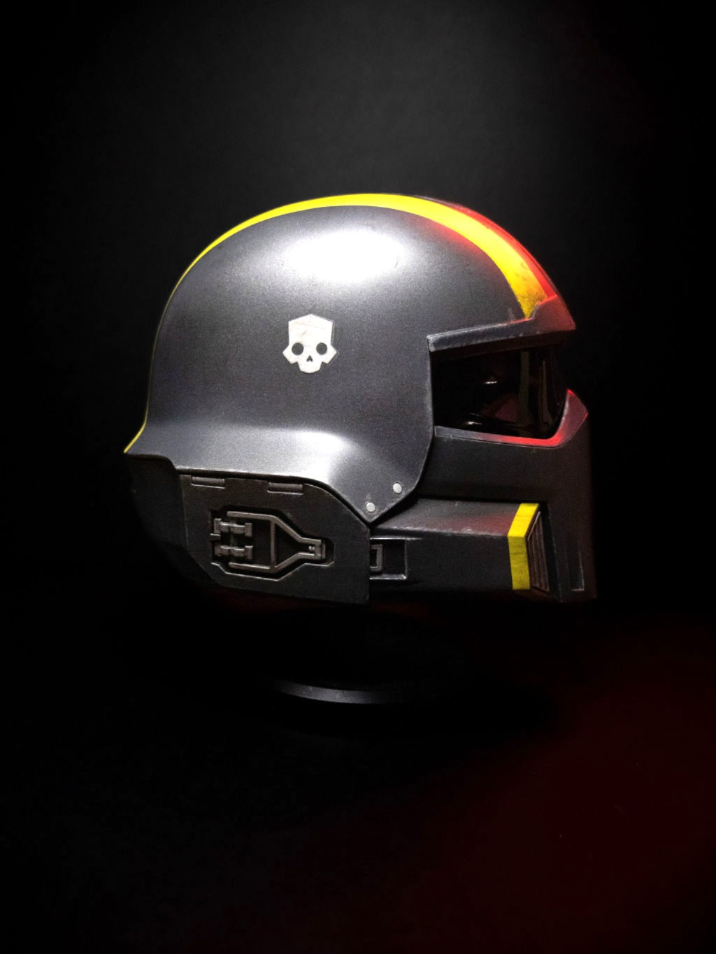 Helldivers Helmet side profile black and yellow Super Earth combat helmet detailed sci fi cosplay prop