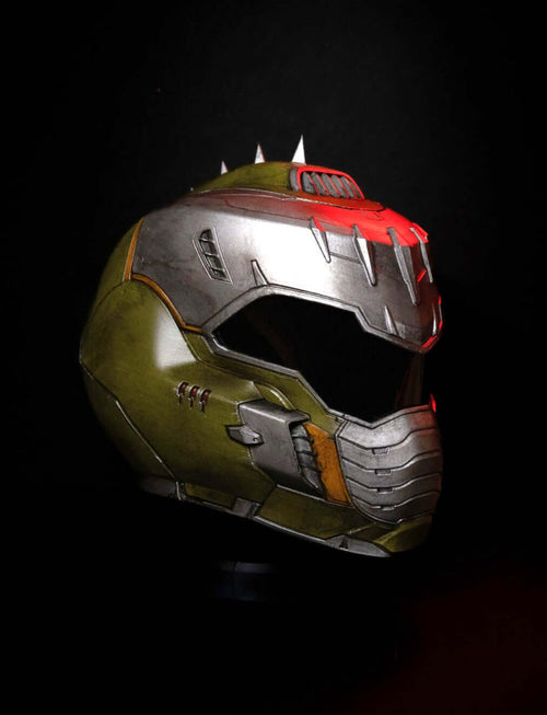 Doom Slayer Helmet front view weathered green Praetor suit helmet detailed Doom cosplay prop