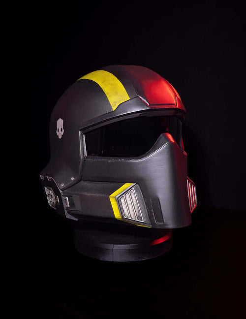Helldivers Helmet front angle black and yellow sci fi combat helmet detailed cosplay prop