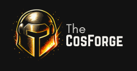 The Cosforge logo with brand name gold helmet emblem on black background official Cosforge branding image