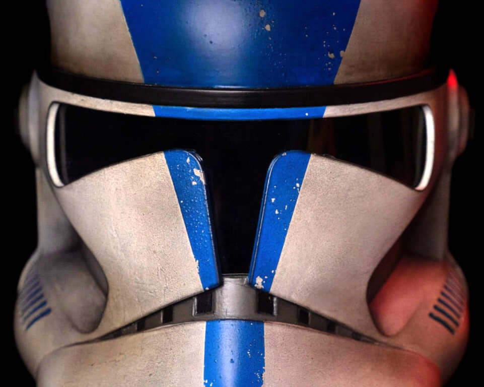Clone Trooper Helmet close up front detail blue stripe Phase II clone trooper helmet high detail cosplay