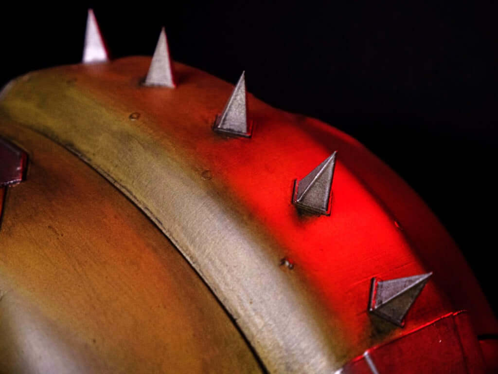 Doom Slayer Helmet side detail close up with battle worn paint and armour texture cosplay build