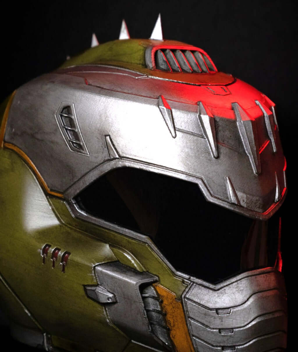 Doom Slayer Helmet three quarter view iconic green Doomguy helmet detailed sci-fi armour prop