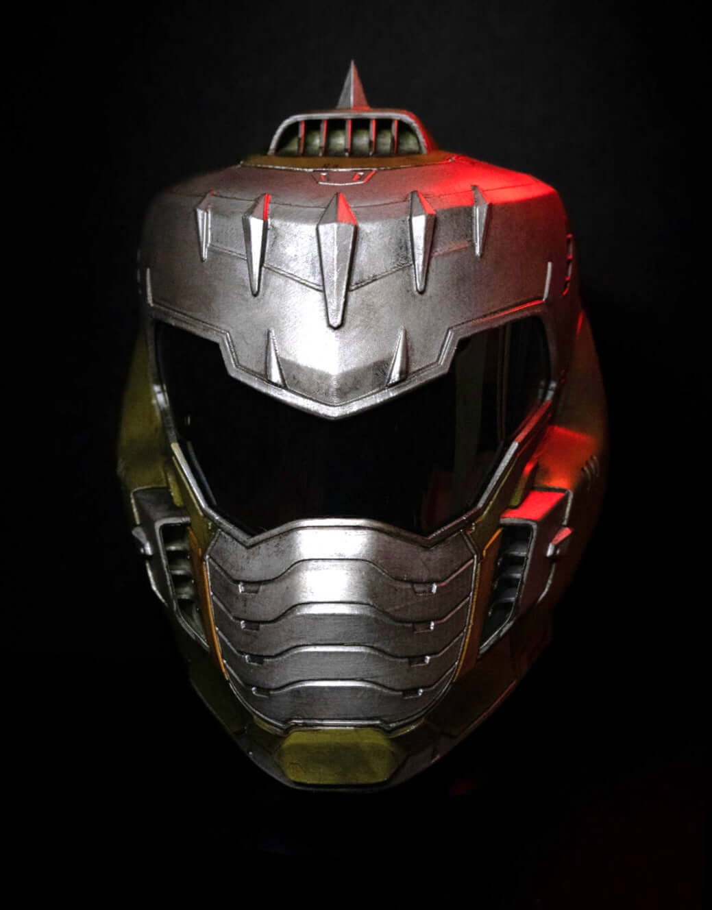 Doom Slayer Helmet front angle metallic Praetor helmet with battle worn finish Doom cosplay
