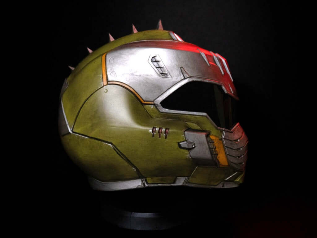 Doom Slayer Helmet side profile olive green futuristic combat helmet Doom Slayer cosplay armour