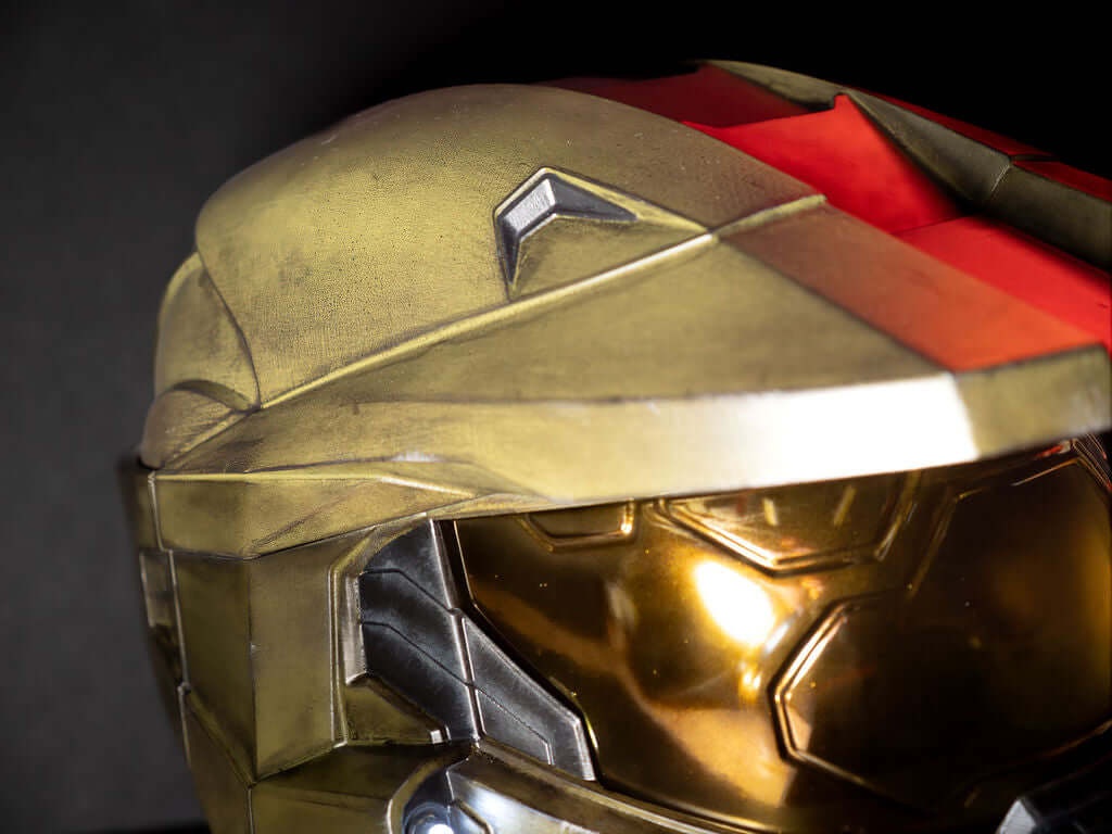 Halo Master Chief Helmet close up visor and cheek detail reflective gold Spartan armour helmet