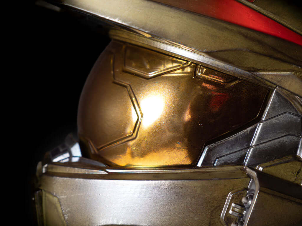 Halo Master Chief Helmet close up visor detail reflective gold Spartan armour helmet