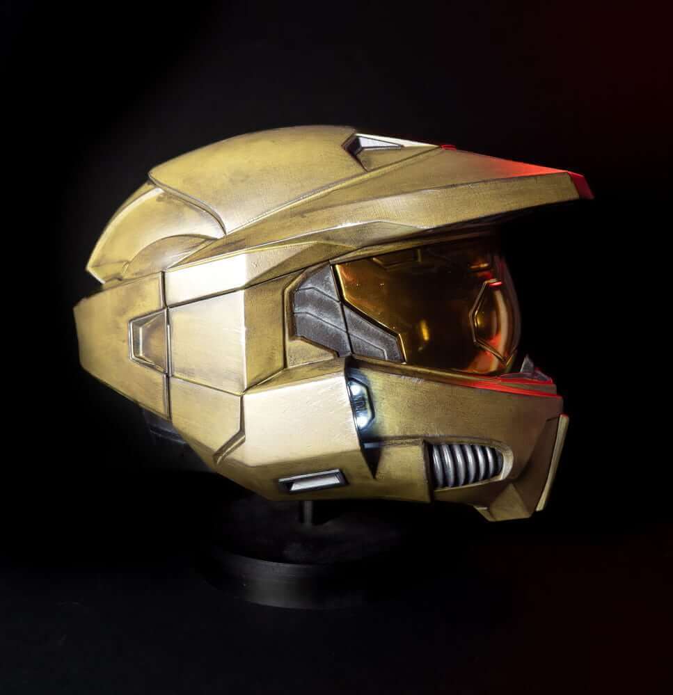 Halo Master Chief Helmet angled side profile metallic green Spartan helmet with gold visor cosplay build