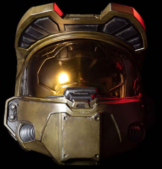 Halo Master Chief Helmet front view metallic green Spartan helmet with gold visor cosplay build