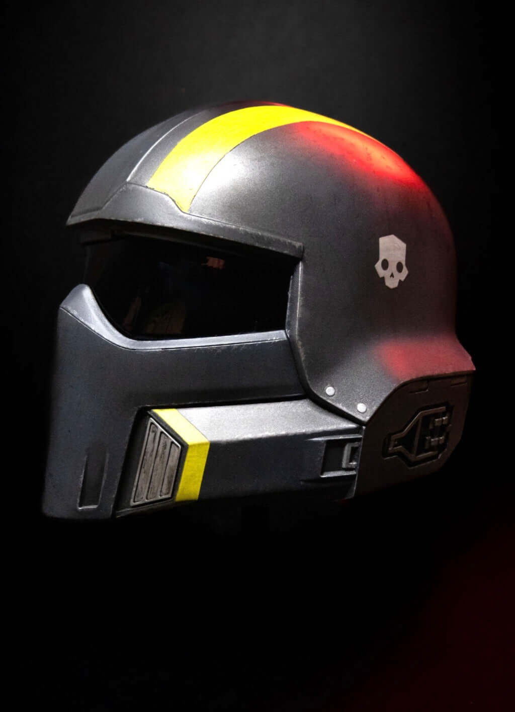 Helldivers Helmet angled view tactical sci fi helmet with yellow stripe wearable cosplay piece