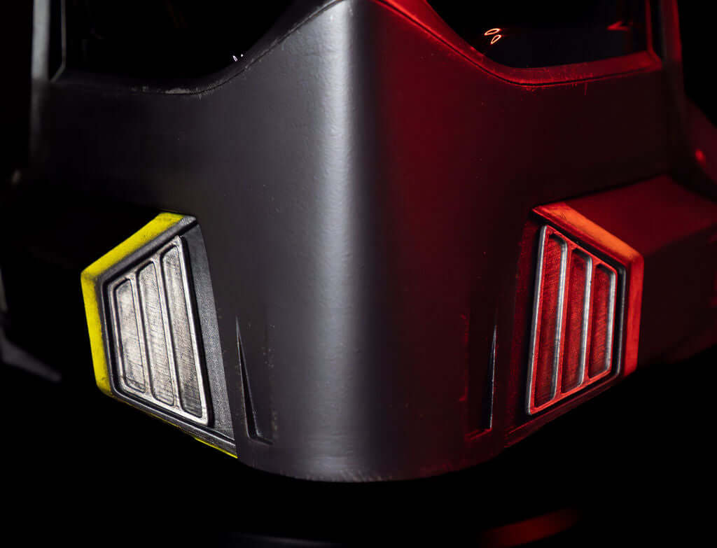 Helldivers Helmet front detail close up yellow stripe and paneling high detail cosplay armour