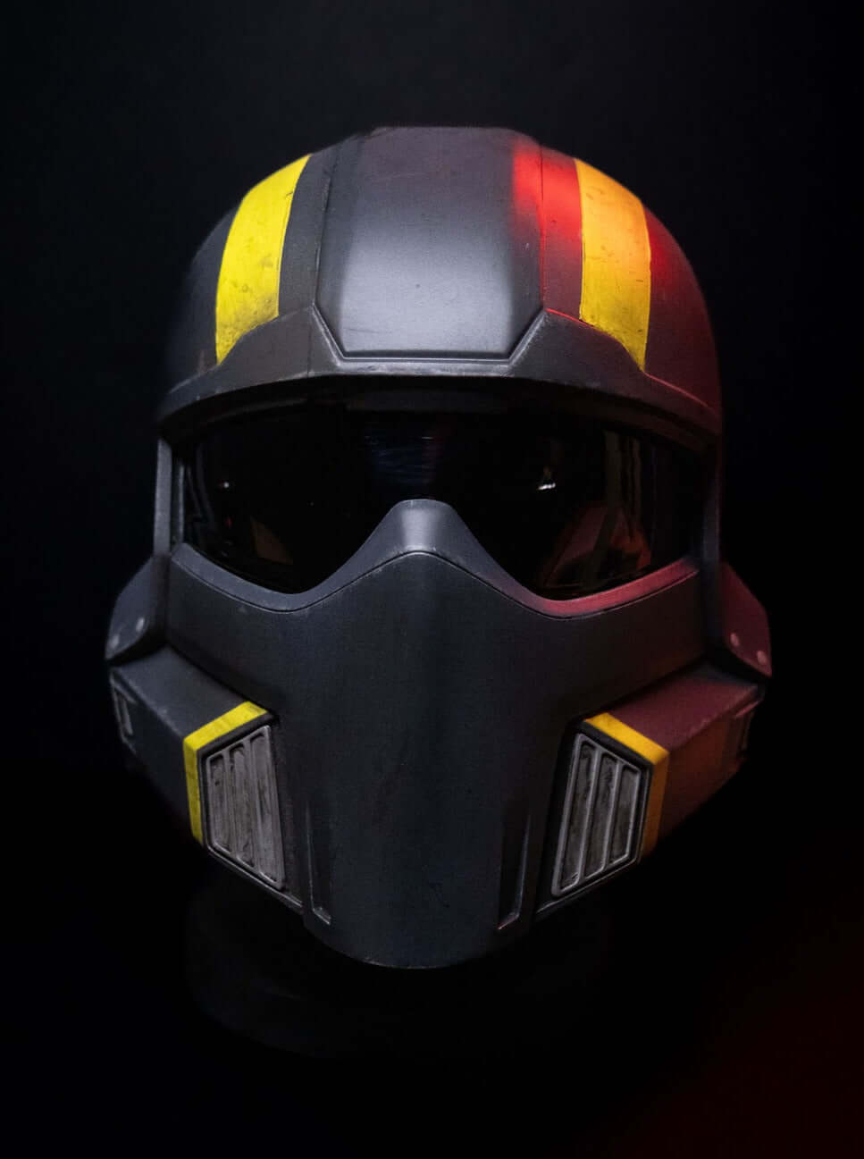 Helldivers Helmet three quarter front view futuristic combat helmet with tinted visor cosplay build