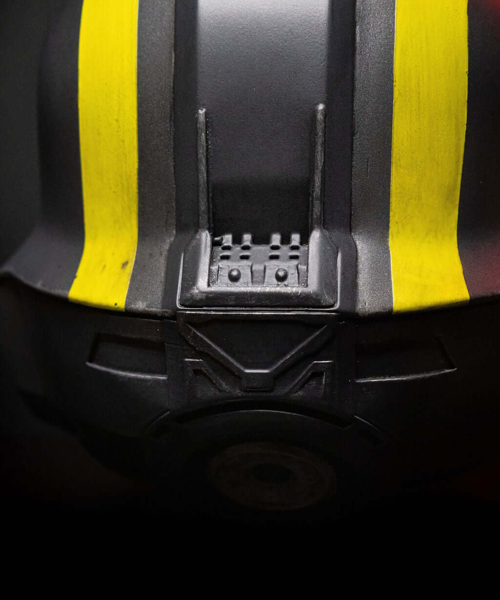 Helldivers Helmet back view vertical yellow stripe tactical sci fi helmet Helldivers armour cosplay