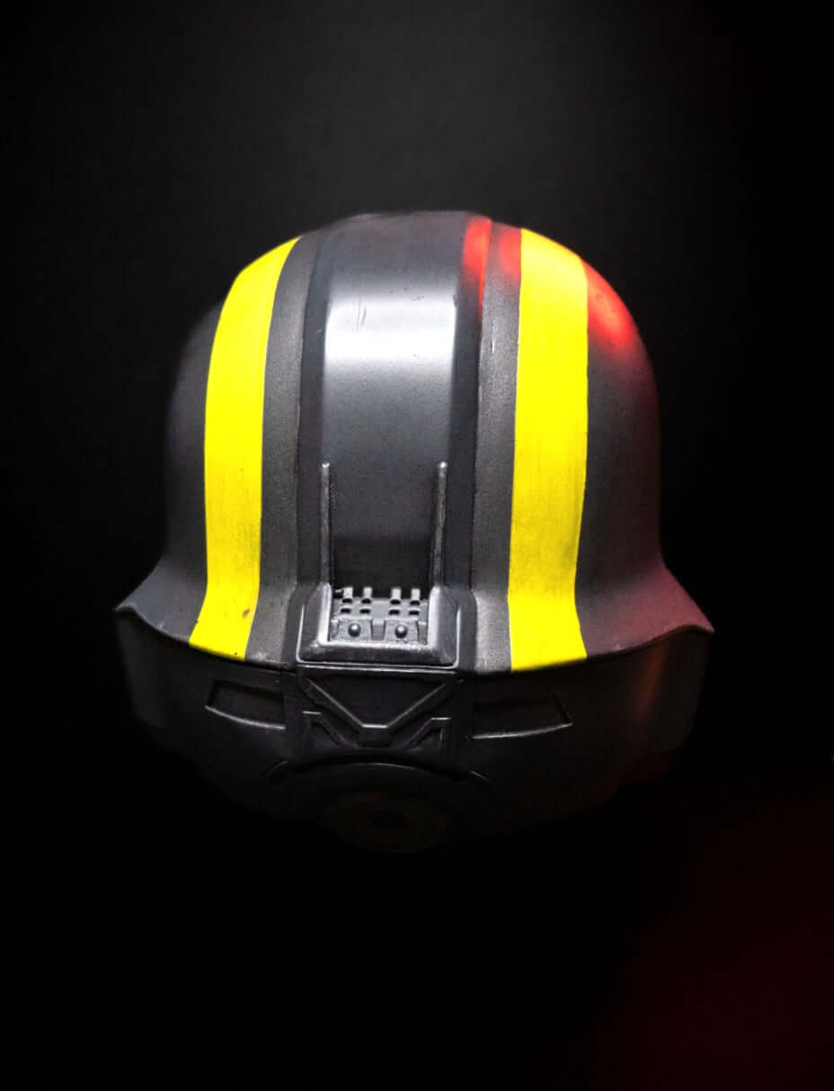 Helldivers Helmet top rear view black and yellow Super Earth combat helmet detailed cosplay prop