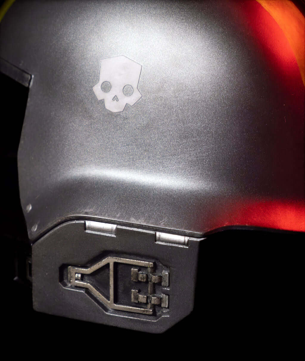 Helldivers Helmet rear close up Super Earth emblem detail black tactical sci fi combat helmet cosplay prop