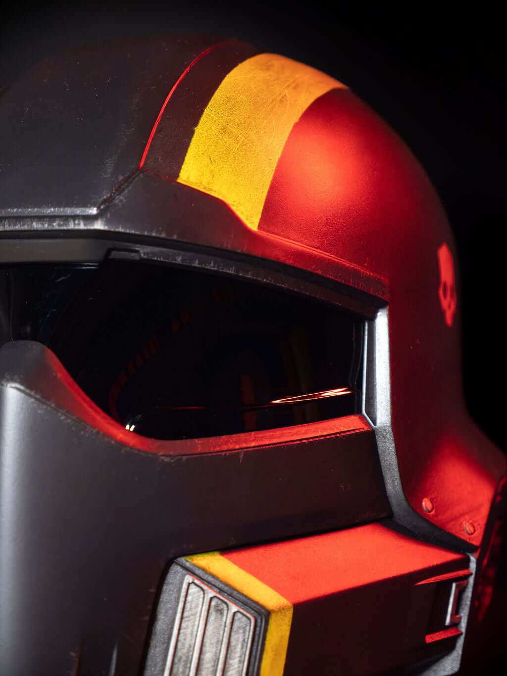 Helldivers Helmet close up visor detail red tinted futuristic helmet Helldivers cosplay build