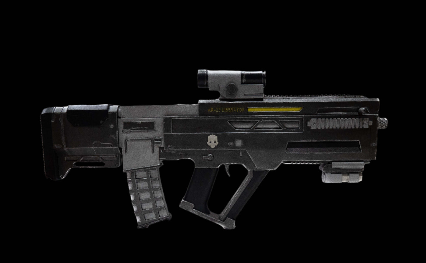 Helldivers Liberator Prop angled profile futuristic assault rifle from Helldivers high detail cosplay build