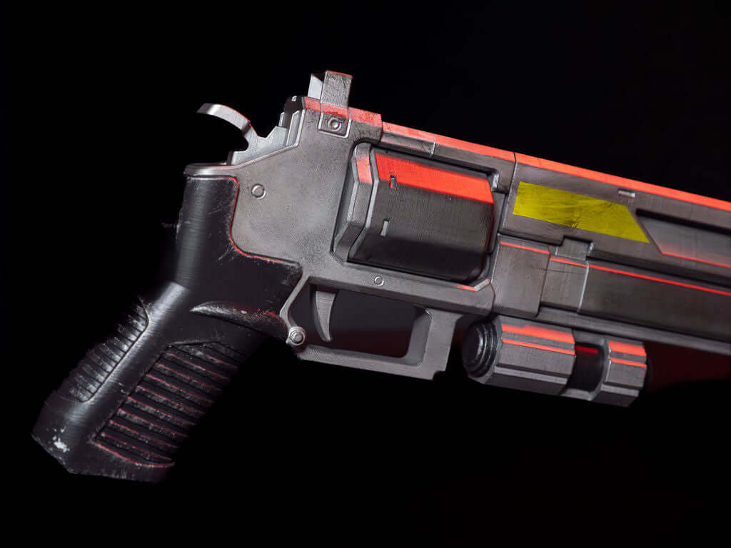 Helldivers P4 Senator Prop side angle close detail futuristic revolver Helldivers prop for display