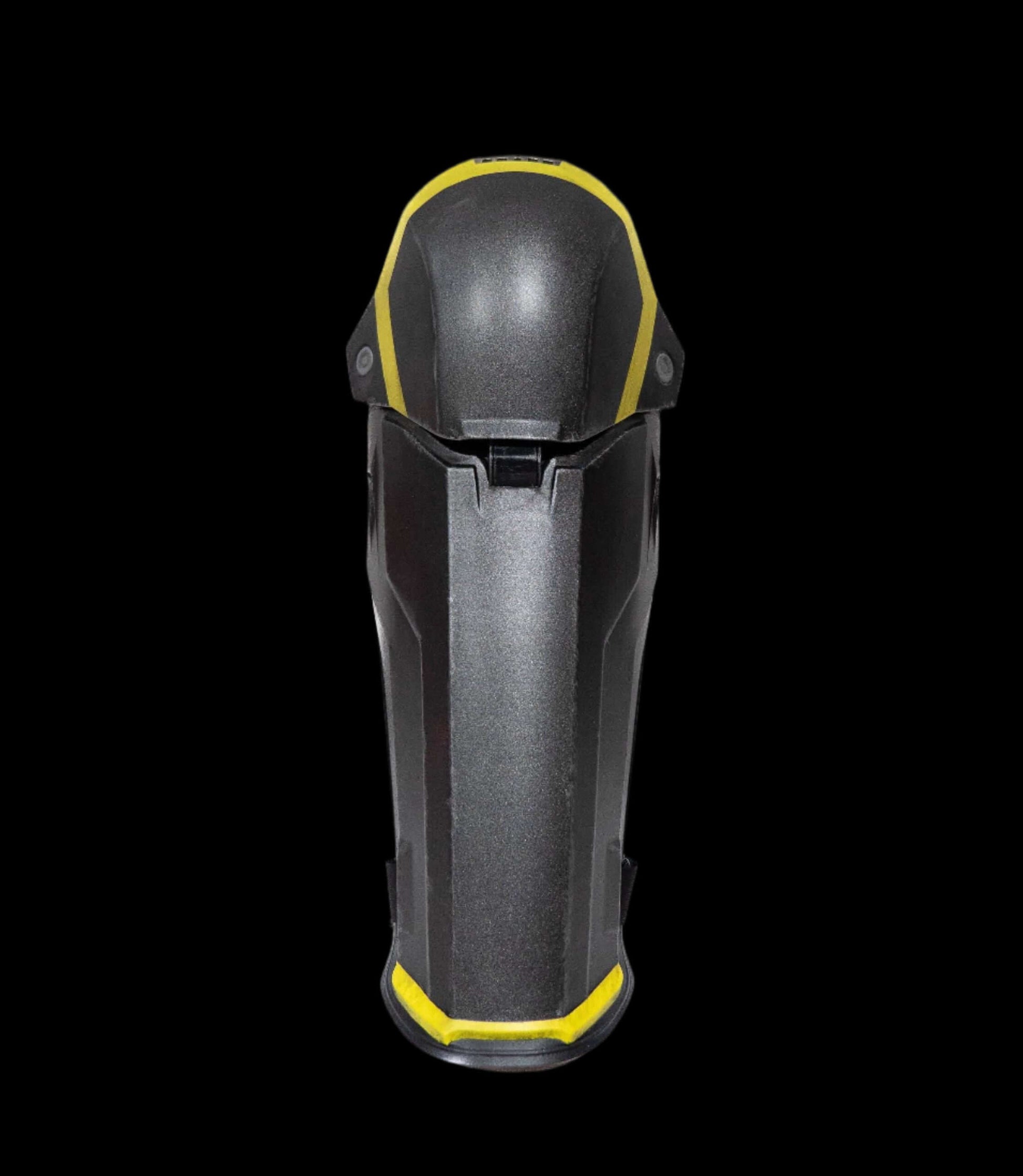 Helldivers Shinguards front view black and yellow sci fi leg armour cosplay prop