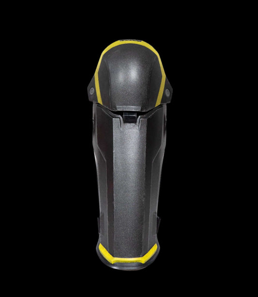 Helldivers Shinguards front view black and yellow sci fi leg armour cosplay prop