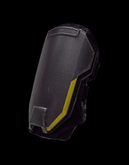 Helldivers Wristguards angled side view black and yellow sci fi forearm armour cosplay prop
