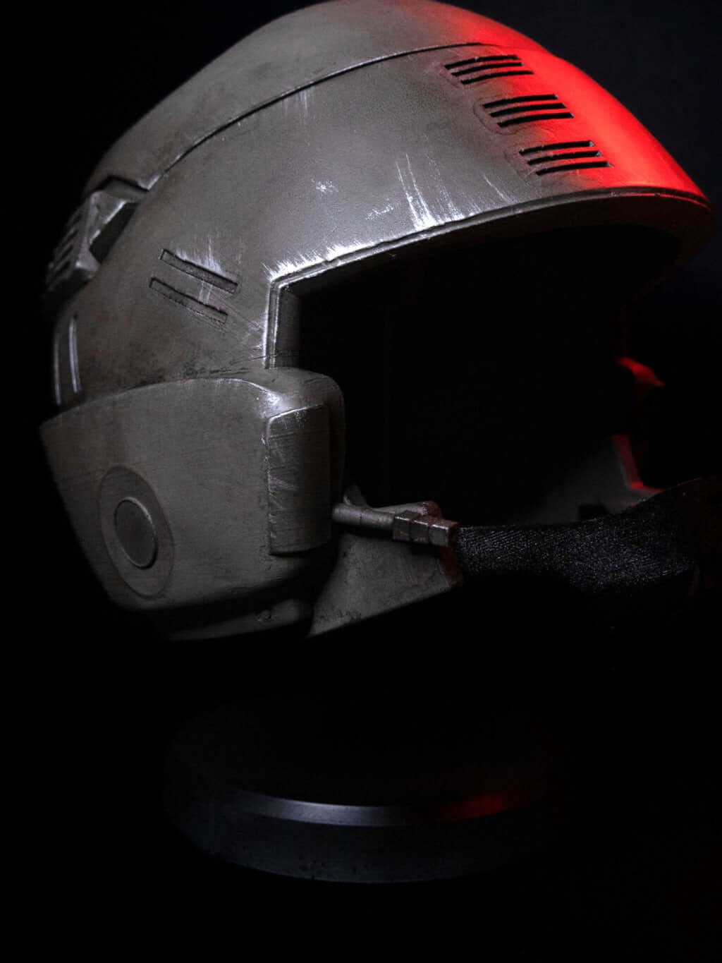 Starship Troopers Helmet side angle view black futuristic infantry combat helmet detailed cosplay armour prop