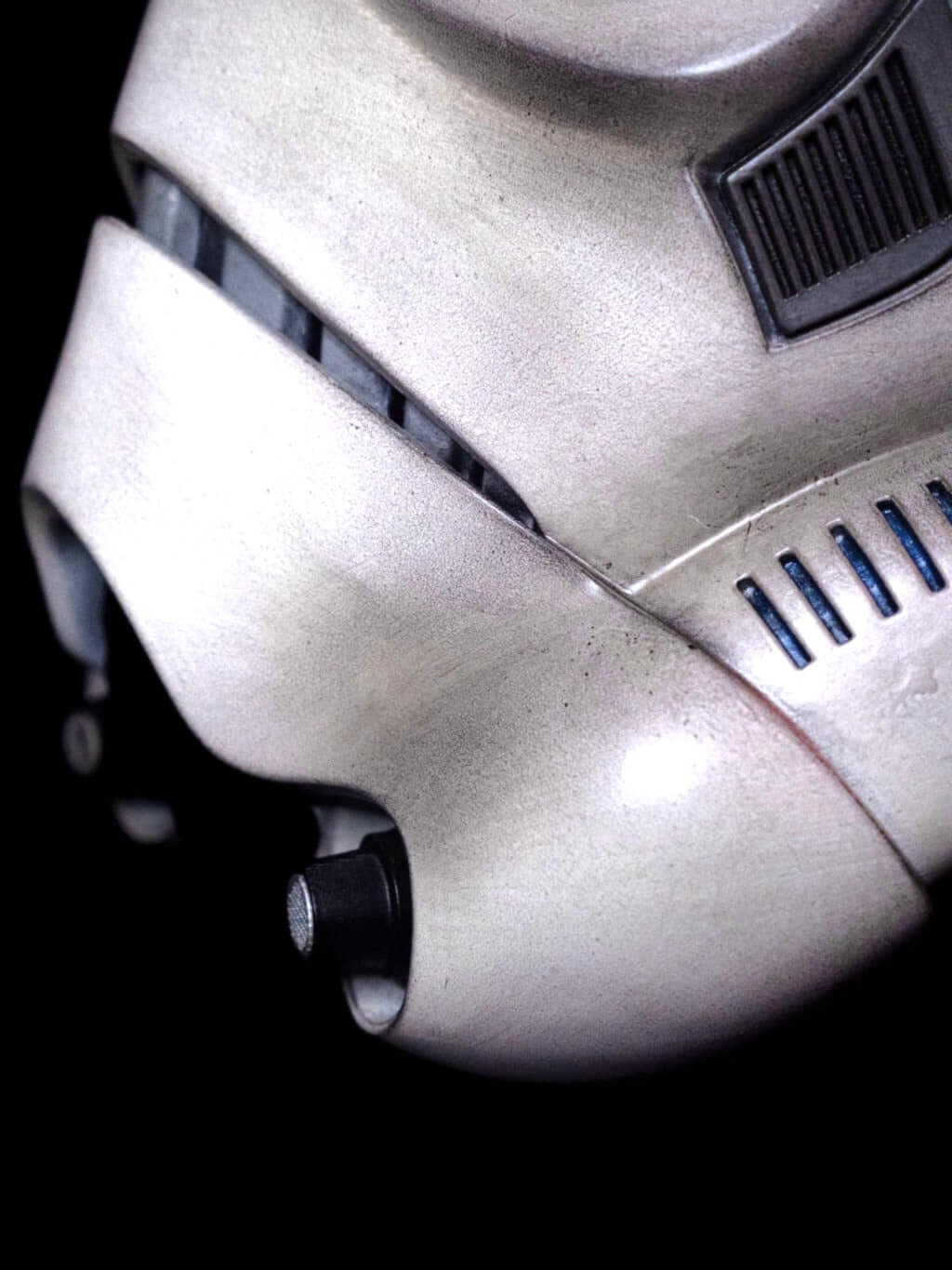 Storm trooper Helmet close up side detail white Imperial armour helmet iconic Star Wars cosplay prop high detail finish