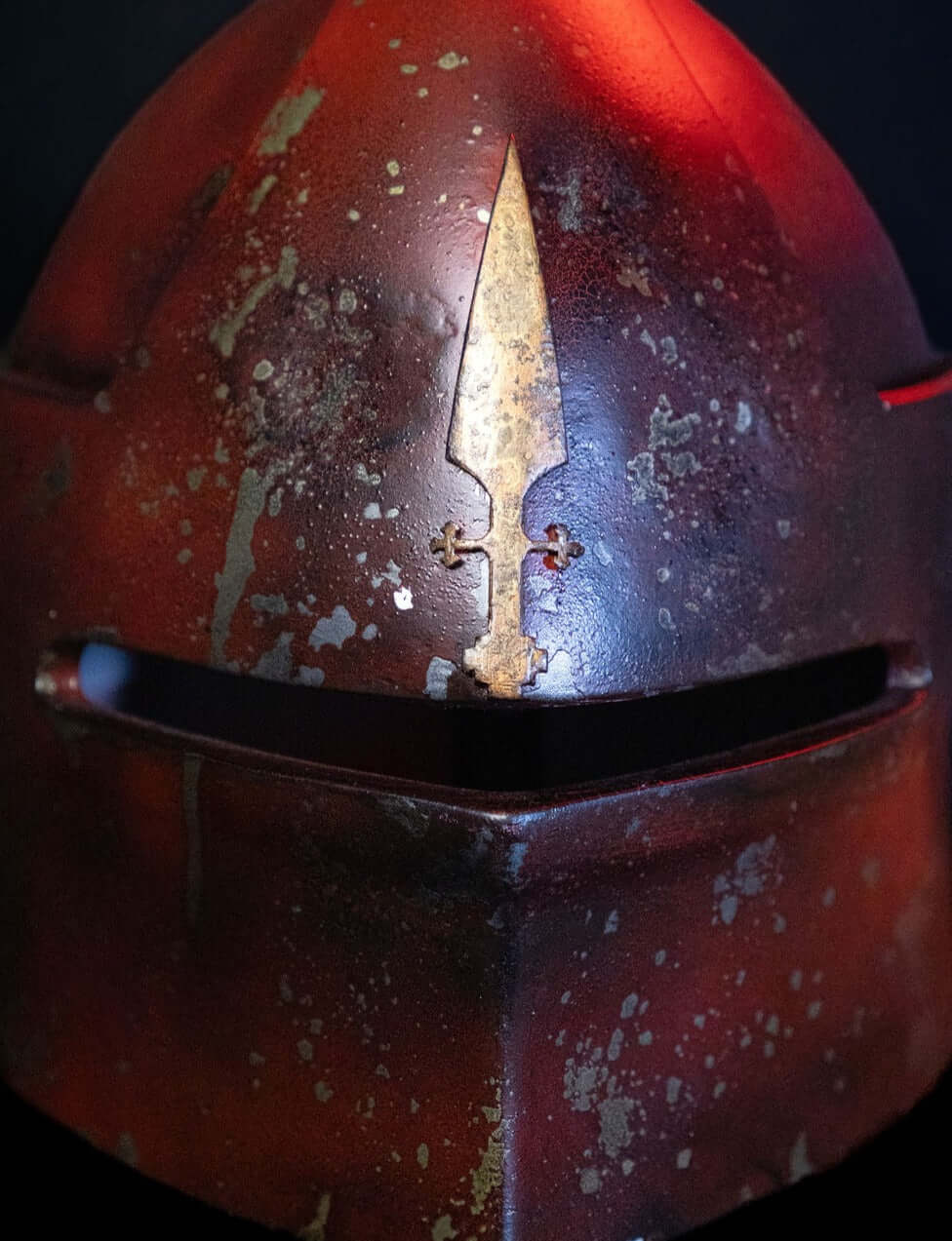 Trench Crusade Helmet close up visor and rivet detail aged crusader helmet trench warfare cosplay prop