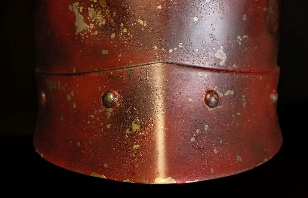 Trench Crusade Helmet close up lower rearplate weathered metal gothic war helmet high detail armour