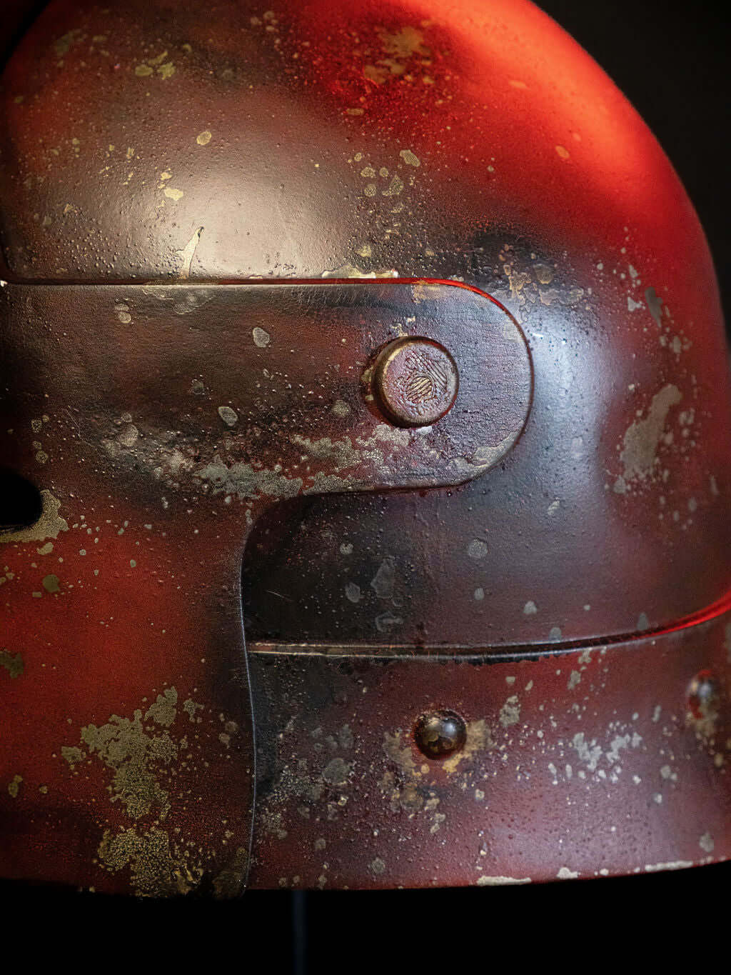 Trench Crusade Helmet side profile aged metal crusader helmet gritty gothic war cosplay piece