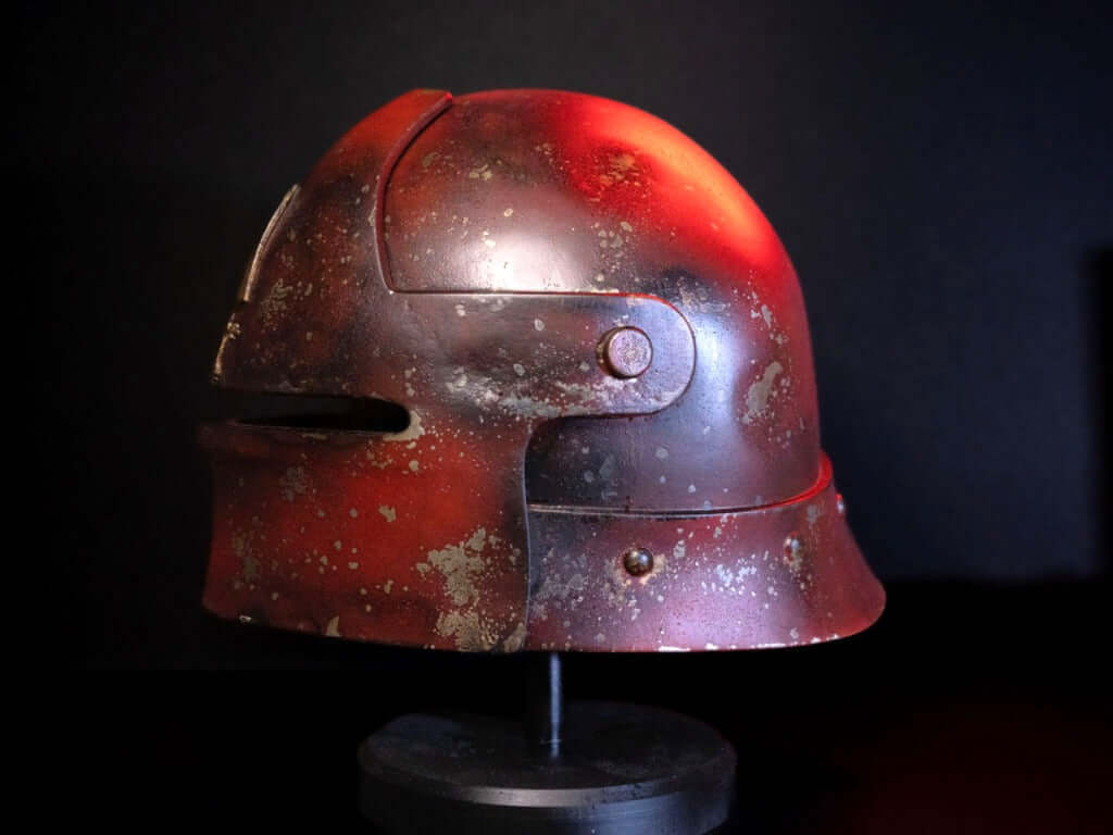 Trench Crusade Helmet front angle weathered medieval war helmet dark gothic armour cosplay prop